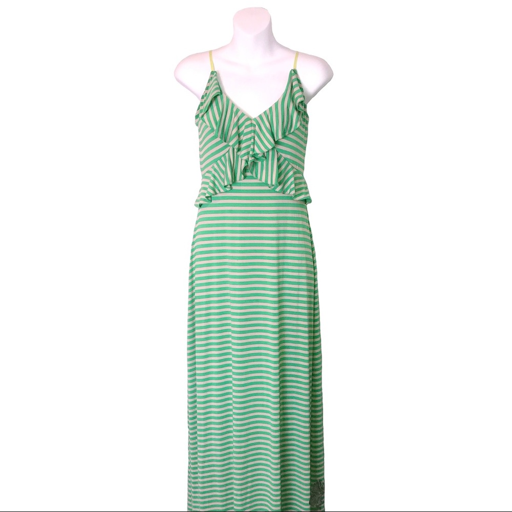 Chelsea & Violet | Green Striped Ruffle Maxi Dress
